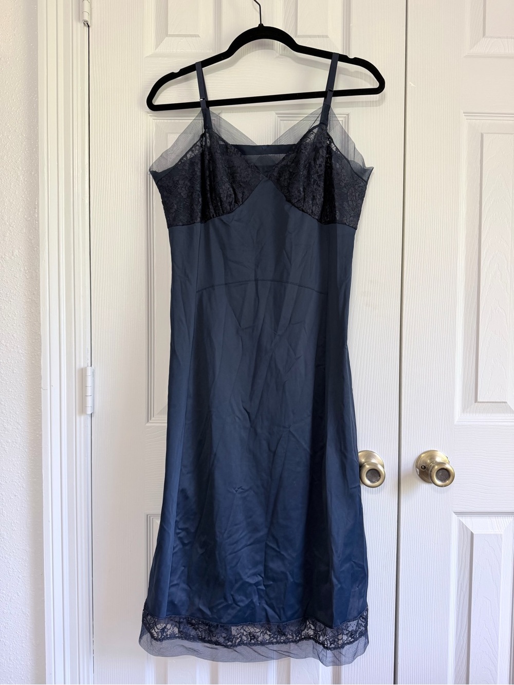 Vintage 90s Rogers navy Lace Slip Dress Goth Fairy Coquette Nylon Sz L/Xl